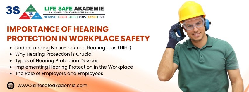 Worker wearing safety gear emphasizing the importance of hearing protection in workplace safety, featuring topics like NIHL prevention, hearing protection devices, and employer-employee roles.